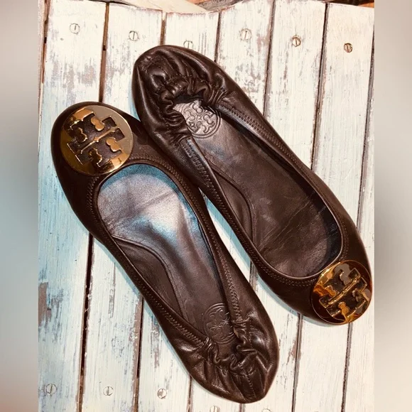 Tory Burch Shoes Tory Burch Reva Brown Leather Ballet Flats
